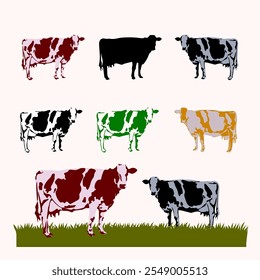 Conjunto de Ilustración vectorial de silueta de vaca, animal de ganado. Colección de animales domésticos aislados sobre fondo blanco.