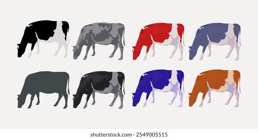 Conjunto de Ilustración vectorial de silueta de vaca, animal de ganado. Colección de animales domésticos aislados sobre fondo blanco.