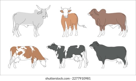 Set of Cow in continuous line art drawing style. Continuous line drawing collection of cattle. Cow in abstract and minimalist linear icon set. Vector illustration