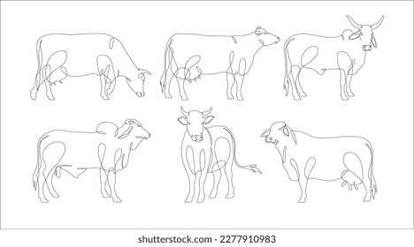 Set of Cow in continuous line art drawing style. Continuous line drawing collection of cattle. Cow in abstract and minimalist linear icon set. Vector illustration