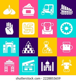 Set Cow, Cup of tea and leaf, Chakra, Taxi tuk tuk, Hindu swastika, Indian symbol hand, headgear turban and Monkey icon. Vector