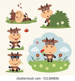 Set of cow in different poses on summer meadow with flowers in cartoon style. 