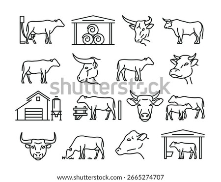 Set of cow farm icons with various illustrations of cows, bulls and farm buildings in line style, suitable for farming or agriculture related projects