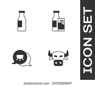 Set Cow head, Bottle with milk, Udder and and glass icon. Vector