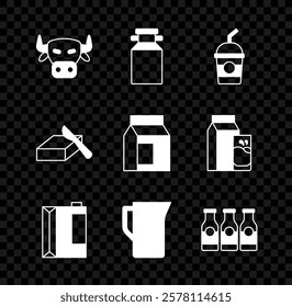 Set Cow head, Can container for milk, Milkshake, Paper package kefir, jug pitcher, Bottle with, Butter butter dish and  icon. Vector