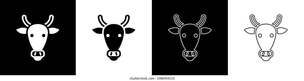 Set Cow head icon isolated on black and white background.  Vector