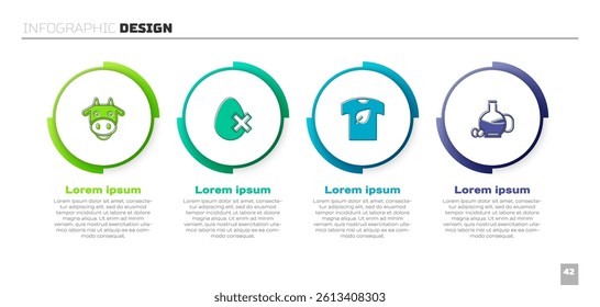 Set Cow head, No egg, Vegan shirt and Bottle of olive oil. Business infographic template. Vector