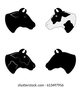 Set of cow head silhouettes isolated on white background