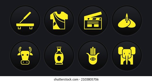 Set Cow, Indian headgear turban, vase, Hamsa hand, Bollywood indian cinema, man dress, Elephant and Scented spa stick icon. Vector