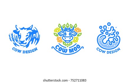 Set Of Cow Logos, Milk And Dairy Products.