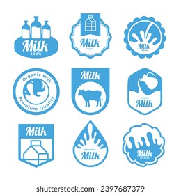 Set of Cow milk splashes with letters, Milk Label Collection, Yogurt and Cream Milk Splash drops, Dairy and milk products labels, emblems and logos, health food drink store.