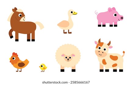 Set of cow, pig, chicken, sheep, goose, horse domestic animals. Funny childish agriculture, farming. Countryside farm barnyard 