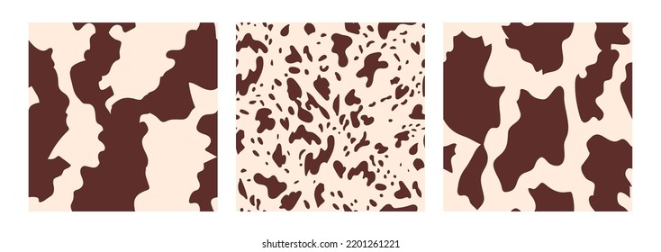 Set of cow seamless patterns. Animal skin vector background. Abstract spotted texture