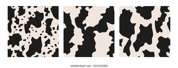 Set of cow seamless patterns. Animal skin vector background. Abstract spotted texture