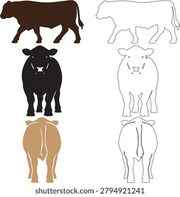 Set of cow silhouettes, side, front and back view
