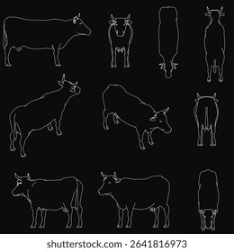 A set of cow silhouettes in various sizes and shapes stands out against a black background, creating a striking contrast. The minimalist design highlights the distinct forms of each cow, making it.
