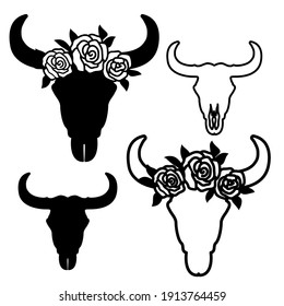 Set Of Cow Skull Silhouette With Flowers On Head. Vector Print Art Black Graphic Illustration Isolated On White