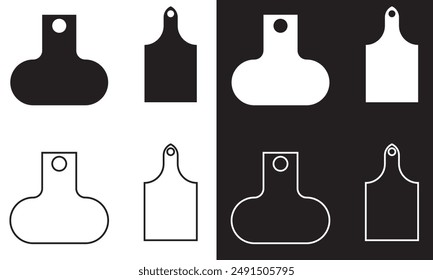 Set of Cow Tags icons. Ear tag signs beefs symbols. Ear tags for cattle. Black linear identification editable stock for farm animals on white and black background. Earmark mockup for livestock. EPS 10