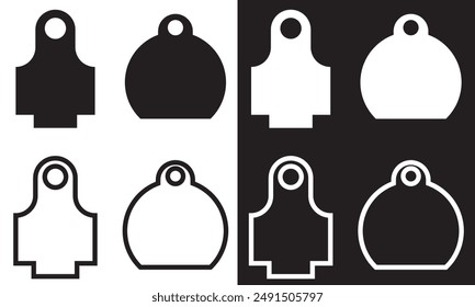 Set of Cow Tags icons. Ear tag signs beefs symbols. Ear tags for cattle. Black linear identification editable stock for farm animals on white and black background. Earmark mockup for livestock. EPS 10