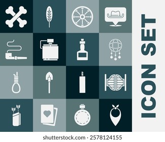 Set Cowboy bandana, Saloon door, Dream catcher with feathers, Old wooden wheel, Canteen water bottle, Smoking pipe, Crossed human bones and Tabasco sauce icon. Vector