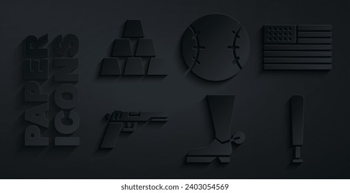 Indique la bota de Cowboy, la bandera estadounidense, el pistoletazo o la pistola, el bate de béisbol y el icono de las barras de oro. Vector