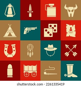 Set Cowboy boot, Crossed arrows, Wanted western poster, Canteen water bottle, Revolver gun, Indian teepee or wigwam, Camping lantern and Game dice icon. Vector