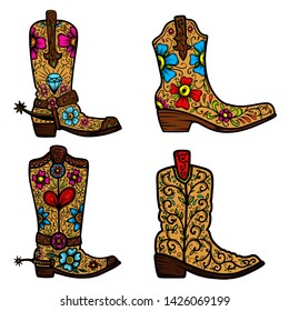 Set of Cowboy boot with floral pattern.  Design element for poster, t shirt, emblem, sign. 