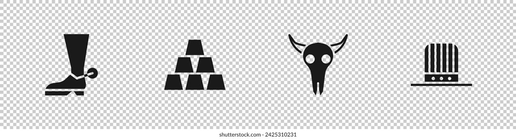 Set Cowboy boot, Gold bars, Buffalo skull and Patriotic American top hat icon. Vector