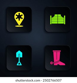 Set Cowboy boot, Hexagram sheriff, Shovel and Saloon door. Black square button. Vector