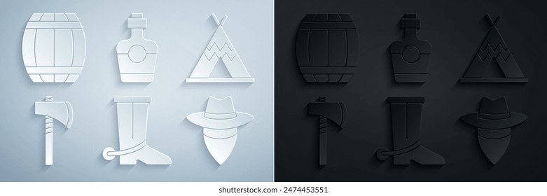 Set Cowboy boot, Indian teepee or wigwam, Tomahawk axe, Tequila bottle and Gun powder barrel icon. Vector
