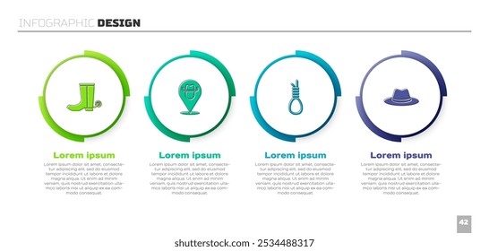 Set Bota vaquera, vaquero de Locación, bucle de cuerda de horca colgando y sombrero occidental. Plantilla de infografía de negocios. Vector