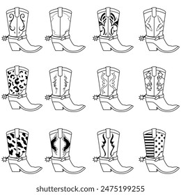 Set of cowboy boot side with different ornament. Cowboy boot silhouette	