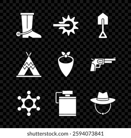 Set Cowboy boot, Spur, Shovel, Hexagram sheriff, Canteen water bottle, Western cowboy hat, Indian teepee or wigwam and bandana icon. Vector