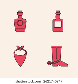 Set Cowboy boot, Tequila bottle,  and bandana icon. Vector