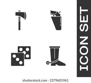 Set Cowboy boot, Tomahawk axe, Game dice and Revolver gun in holster icon. Vector