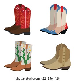 Set of cowboy boots in cartoon style. Vector illustration of shoe pairs of cowboy boots with different designs: fire, cacti, stars isolated on white background.
