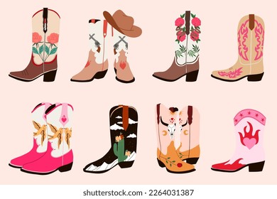 Set of cowboy boots with different ornaments. Wild West fashion style. Cartoon flat illustrations. Hand drawn vector set