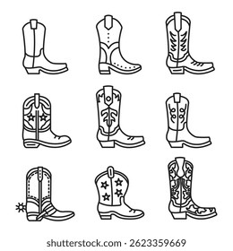 set of cowboy boots, editable, line at icons