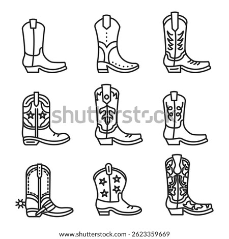 set of cowboy boots, editable, line at icons