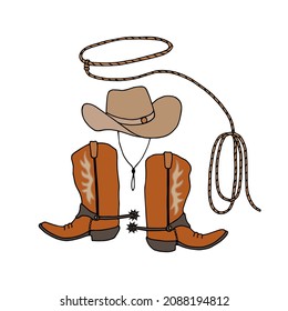 Set of cowboy boots hat, rope lasso. Vector stock illustration eps10. Isolate on white background, outline, hand drawing.