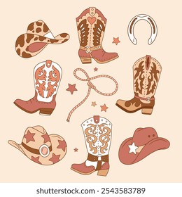 Set of cowboy boots and hats. Hand drawn western rodeo clipart. Perfect for tee shirt logo, greeting card, poster or nursery print design. EPS 10 vector file.