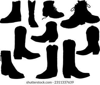 Set of Cowboy Boots Silhouette, Footwear