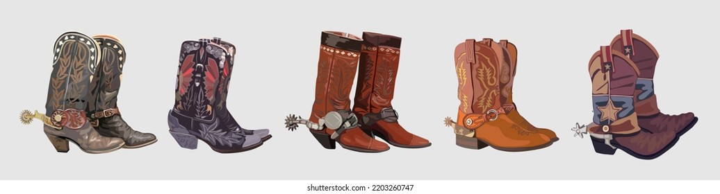 Set Of Cowboy Boots With Spurs. Traditional Western Vintage Embroidered Leather Boots . Wild West Concept. Vector Realistic Illustration Isolated On White Background.