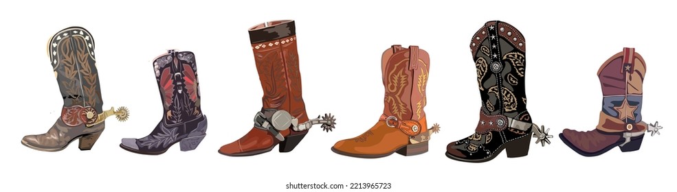Set of Cowboy boots with spurs. Traditional western vintage embroidered leather boots. Wild west concept. Vector realistic illustration isolated on white background.