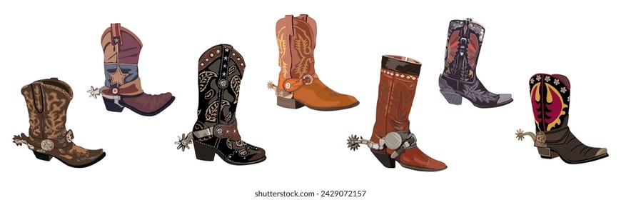 Set of Cowboy boots with spurs vector isolated.