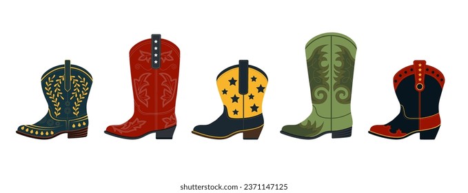 Set of cowboy boots. Wild West theme. Fashion vector set isolated on white background.