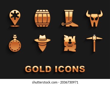 Ponga Cowboy, Calavera de búfalo, Pickaxe, Afiche occidental deseado, botella de agua de Canteen, bota, sheriff de Hexagram e icono del barril de pólvora de Gun. Vector