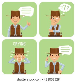 Set of cowboy characters posing in different situations. Cheerful cowboy showing thumb up gesture, thinking, crying, talking on the phone. Flat style vector illustration