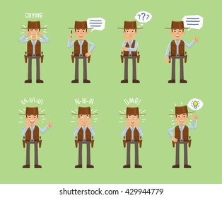 Set of cowboy characters posing in different situations. Cheerful cowboy talking on the phone, thinking, crying, laughing, surprised, pointing up. Flat style vector illustration