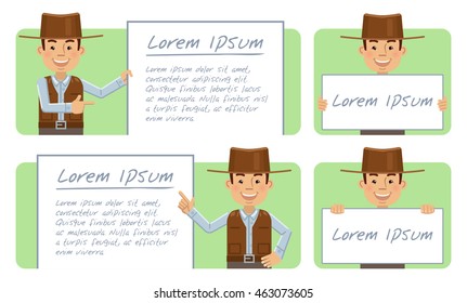 Set of cowboy characters posing with different banners. Cheerful cowboy holding poster, paper, placard. Advertise, promote, teach. Flat style vector illustration